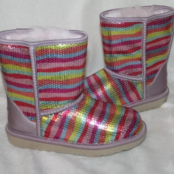 NIB UGG GIRL'S YOUTH SEQUIN RAINBOW CLASSIC SHORT SHEARLING LINED BOOTS - Picture 7 of 9